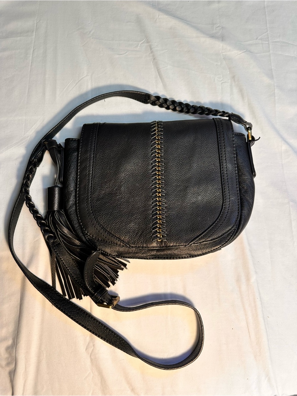 Liv Olivia + Joy Black Leather Crossbody Bag Tassel Braided Strap Boho